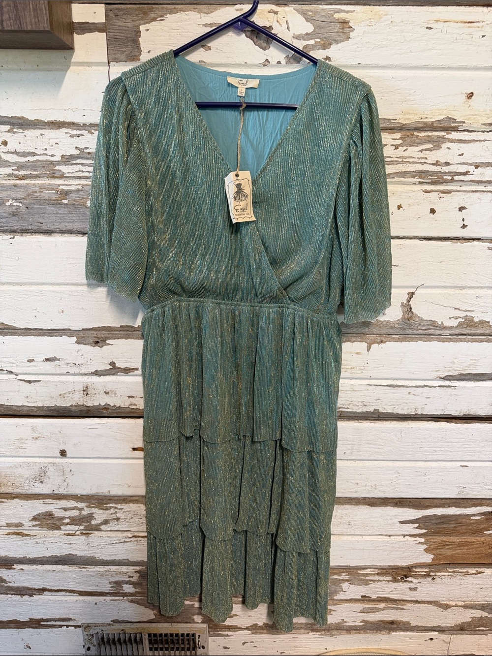 Sage Metallic Tiered Wrap Midi Dress with Subtle Shimmer